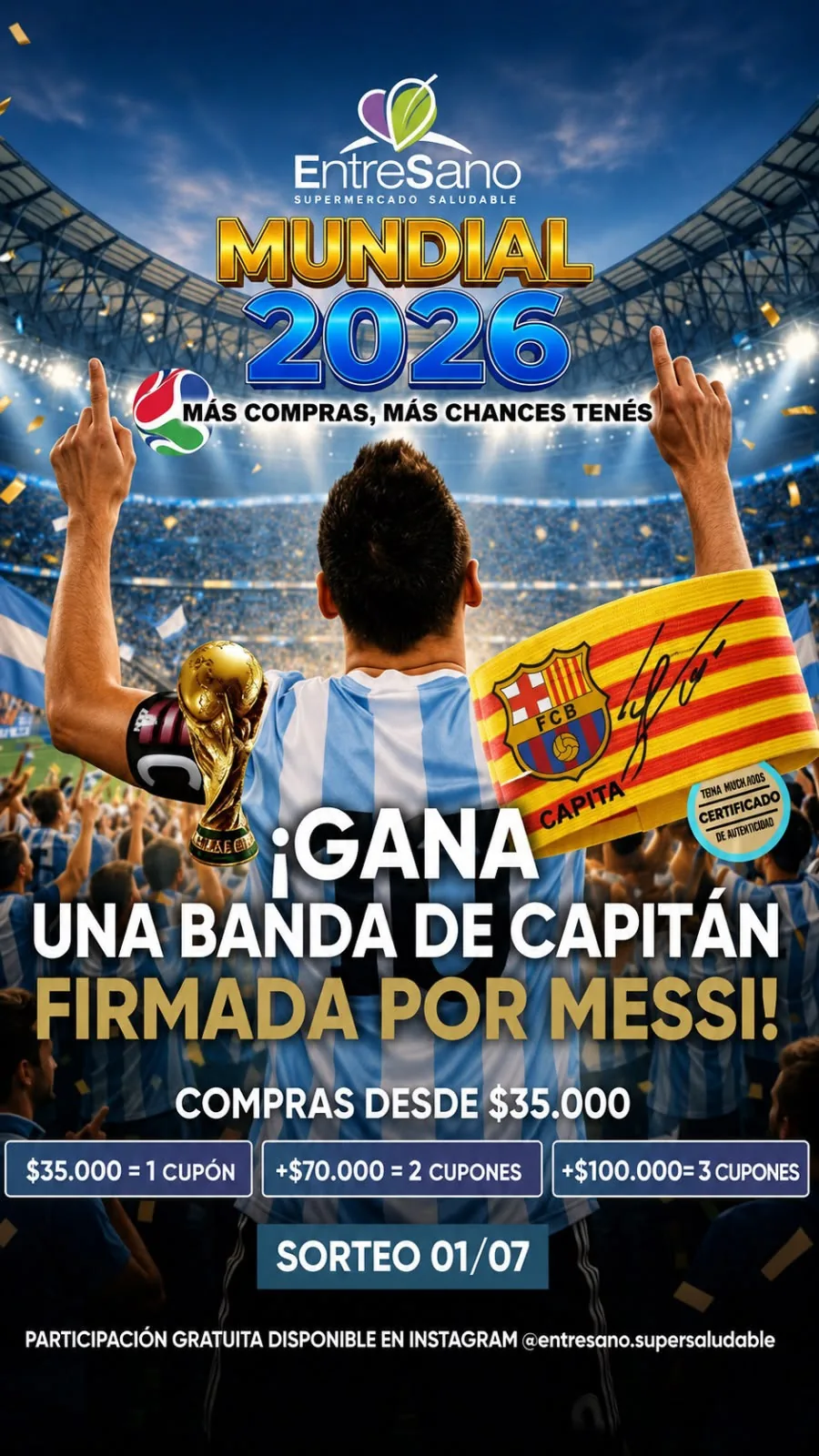 Banda de capitán firmada por Messi para el sorteo Mundial 2026 de Entresano
